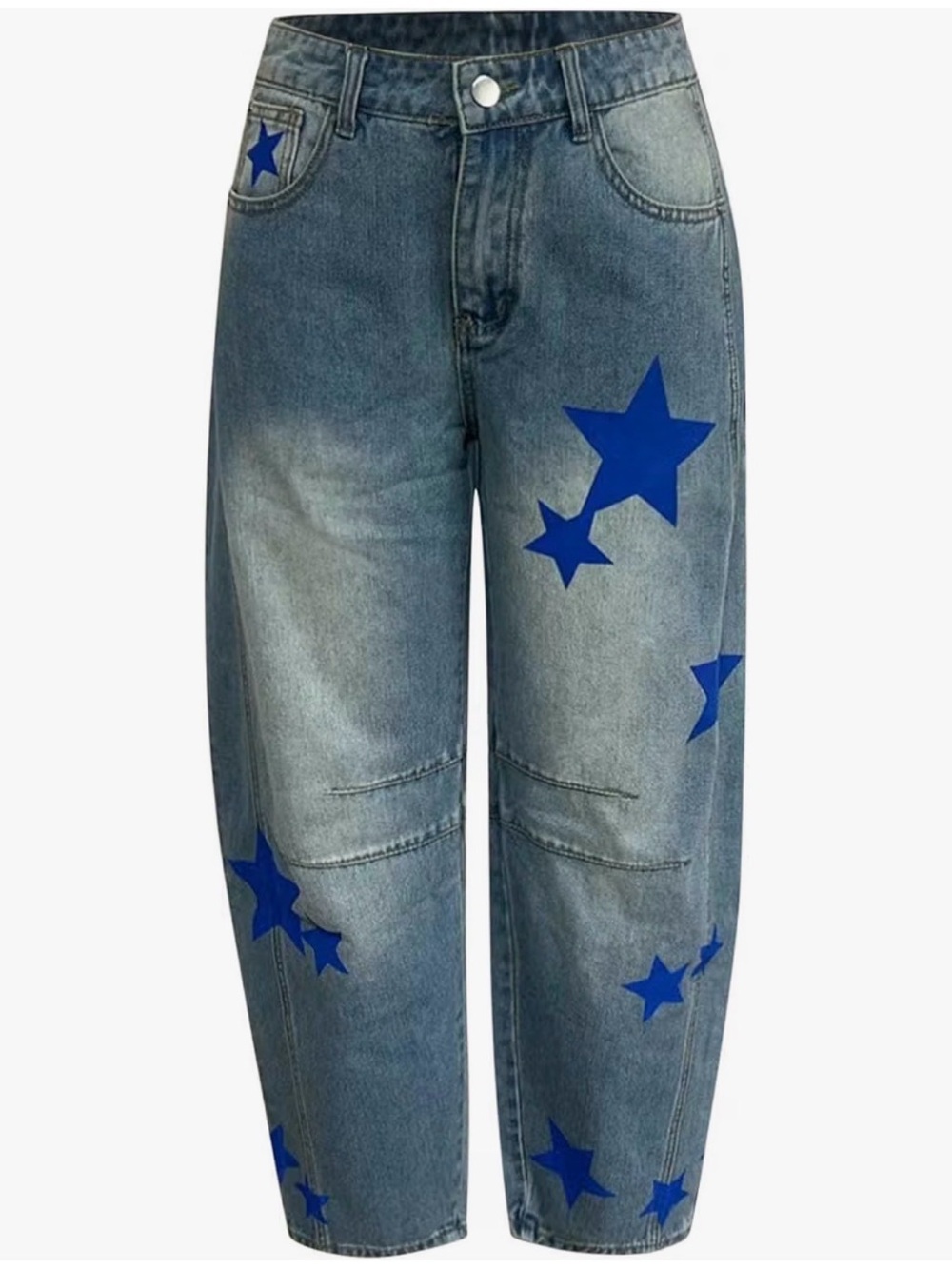 Boutique Light Wash Blue Printed Star Barrel Jeans Rounded Leg High Rise Sz M /L - Picture 3 of 14